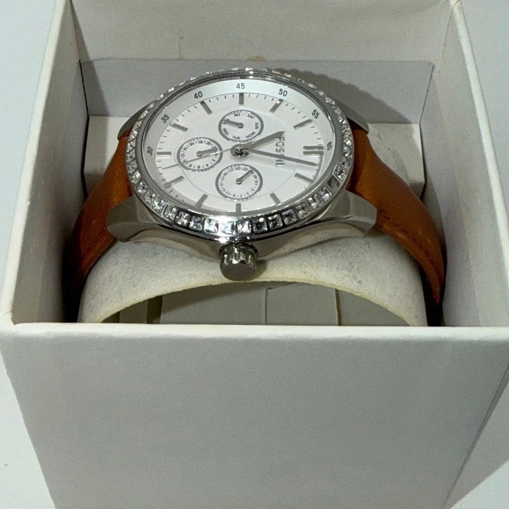 Fossil Riley Multifunction Watch Women Brown Leather Crystal Bezel Watch